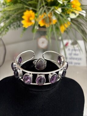 Amethyst Gemstone Cuff Bracelet & Ring Size 7.5